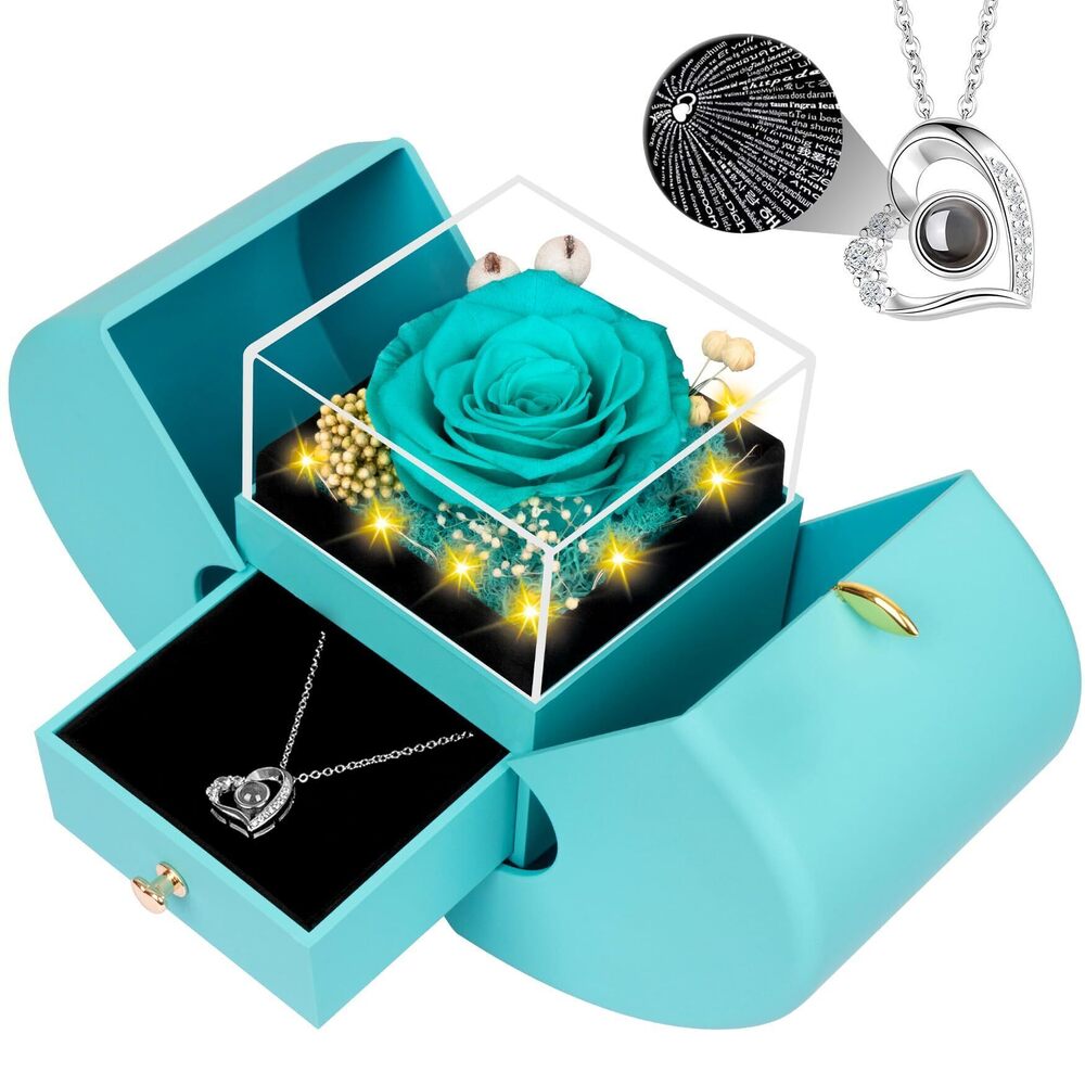 4336 Preserved Navy Blue Real Rose with I Love You Necklace, Eternal